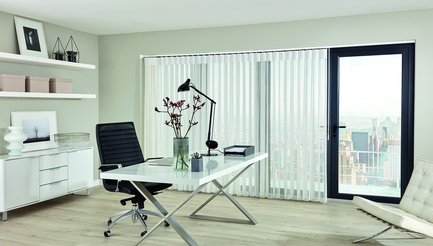 Allusion blind fitted to a sliding door in a modern office with city skyline view