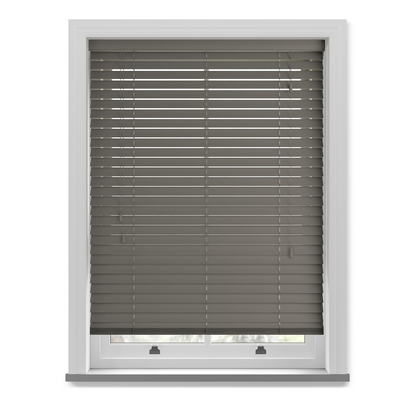 Grey faux wood blind with string ladder