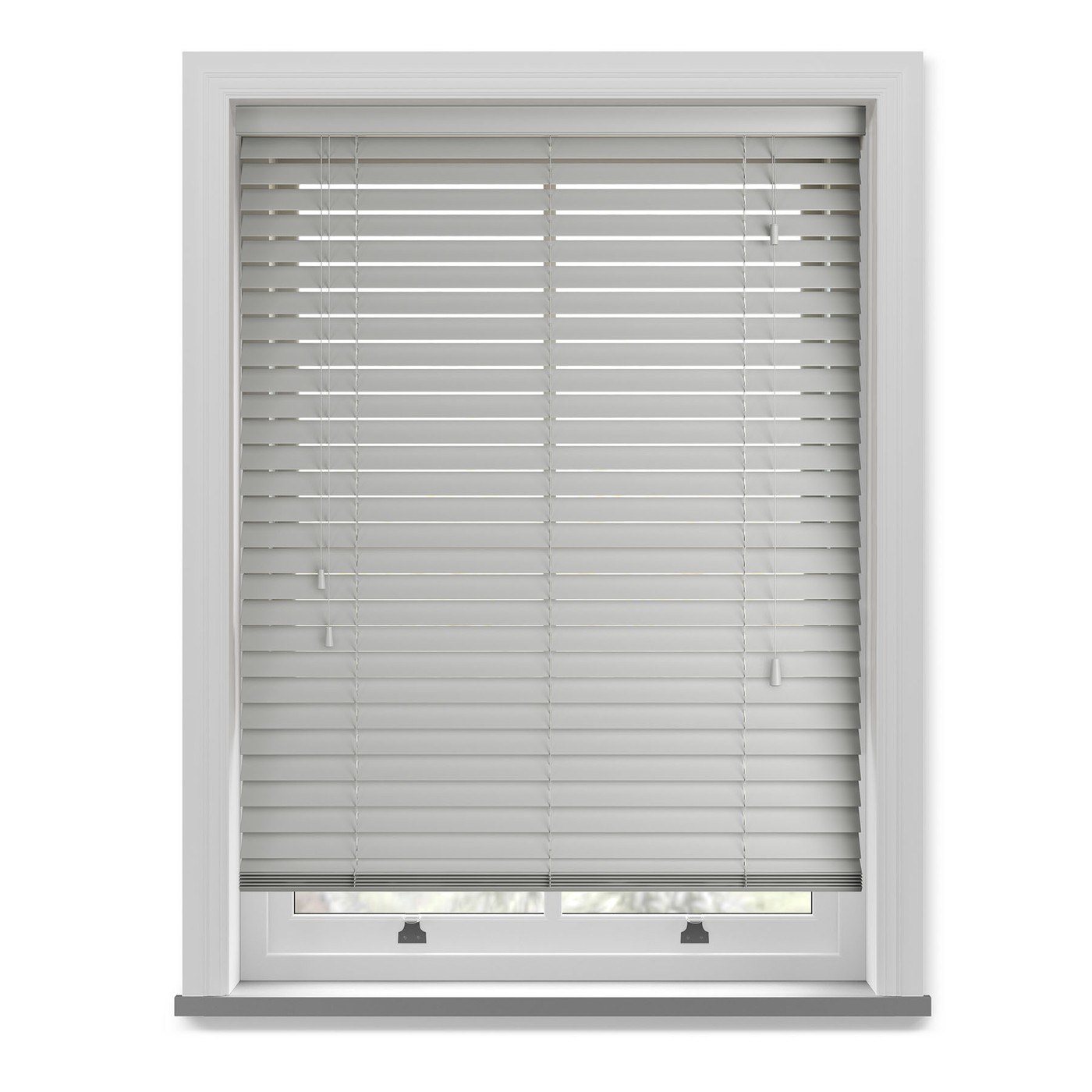 Light grey faux wood blind with string ladder