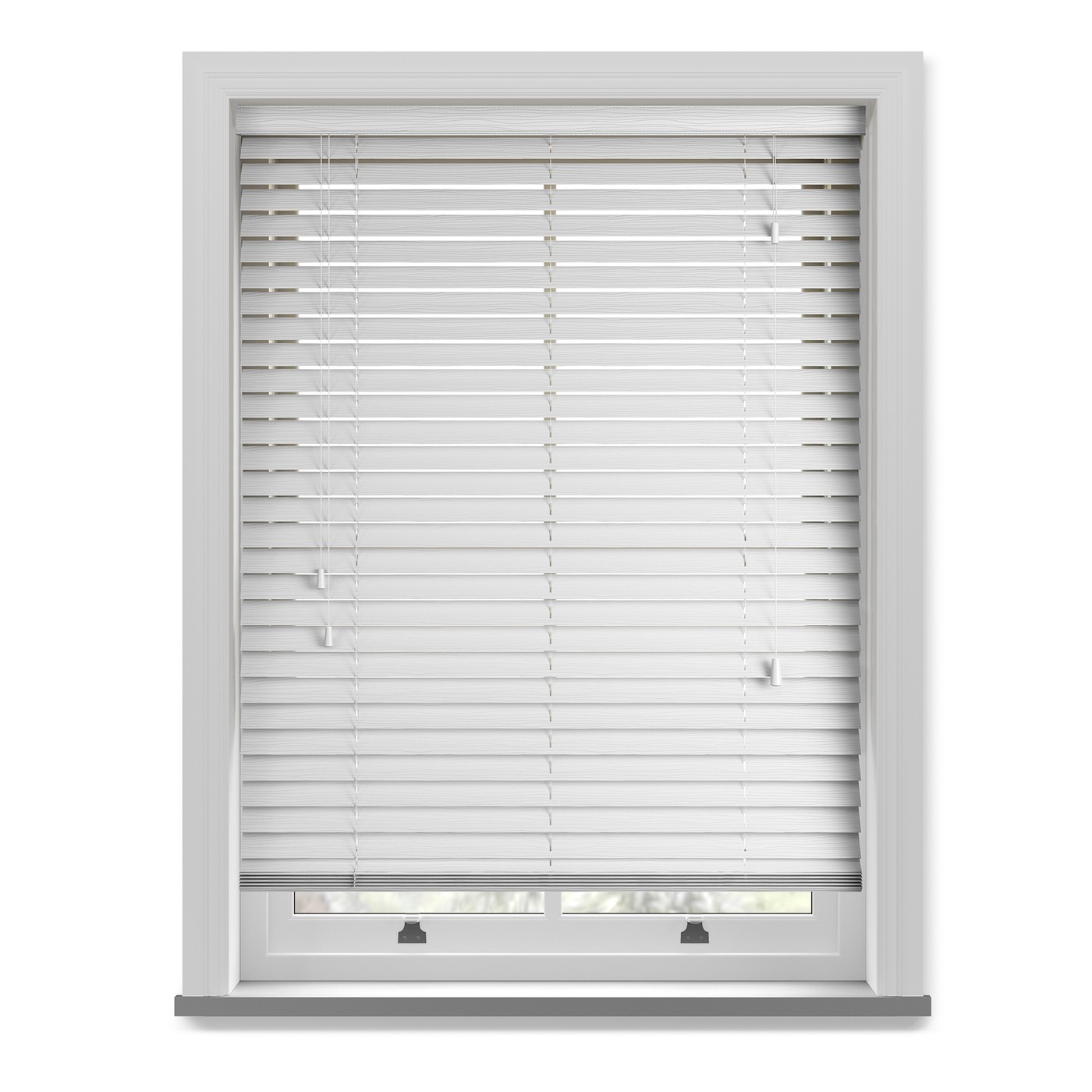 White faux wood blind with string ladder
