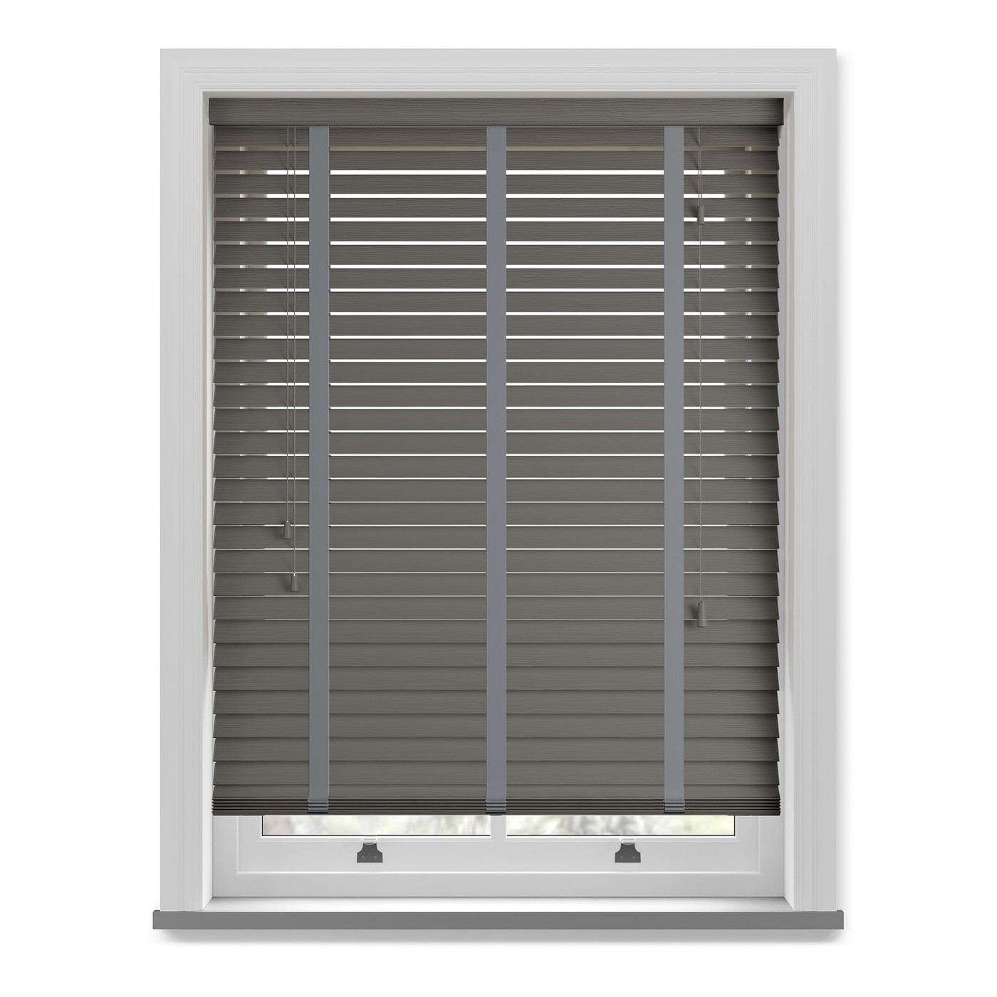 Grey faux wood blind with fabric tape