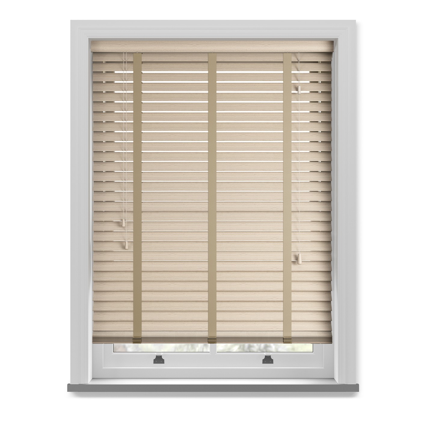 Light oak faux wood blind with fabric tape