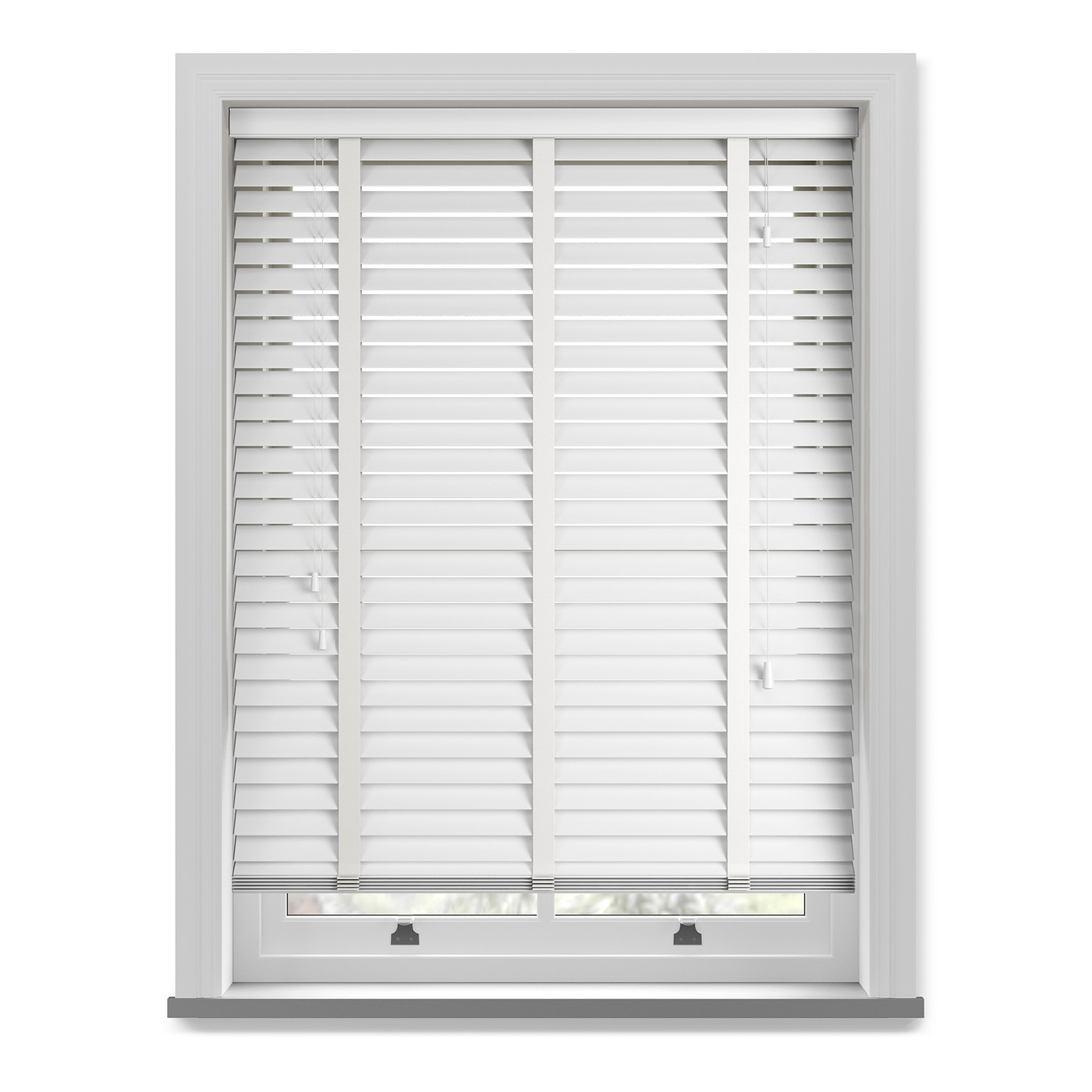 White faux wood blind with fabric tape