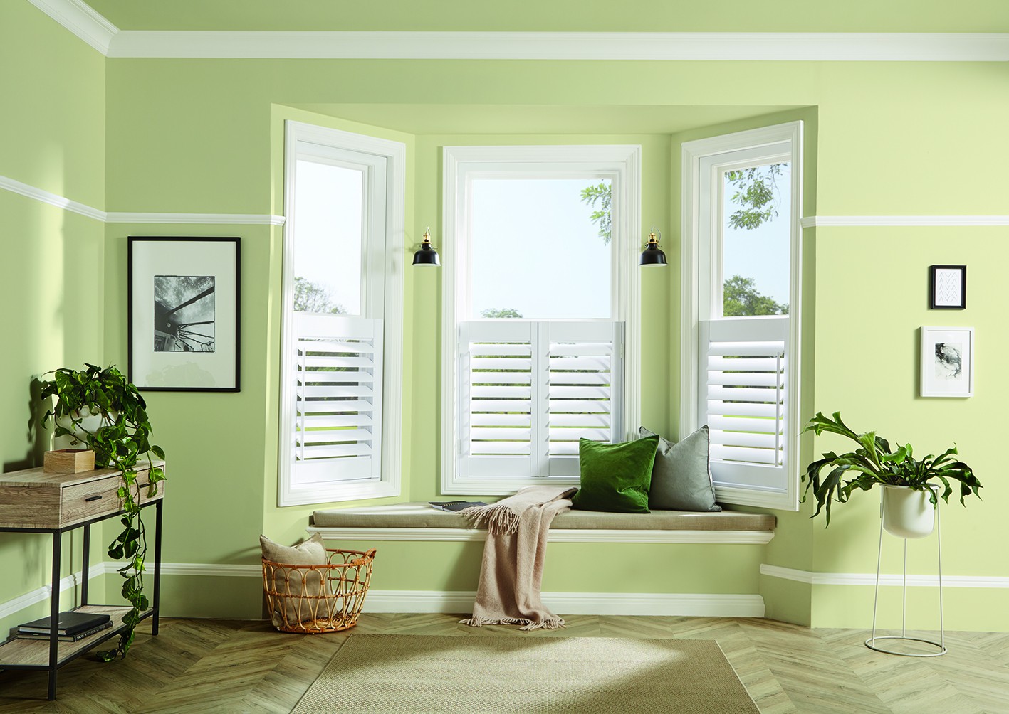 Café style PVC shutters fitted above a window seat