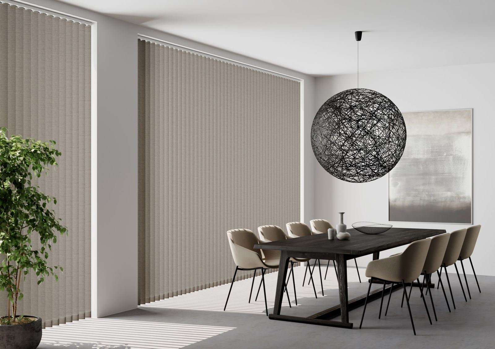 Vertical blind fitted across patio doors in a dining room