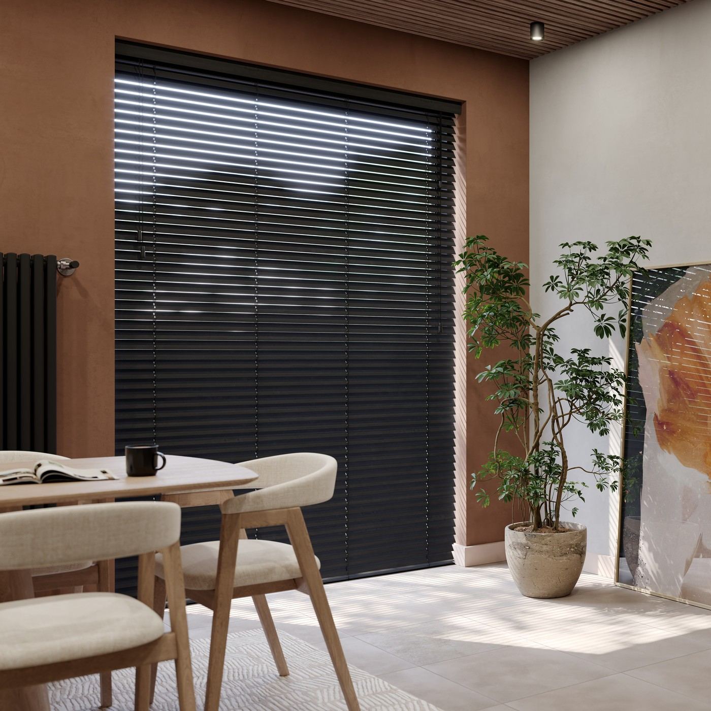 Wooden blind fitted in a living room