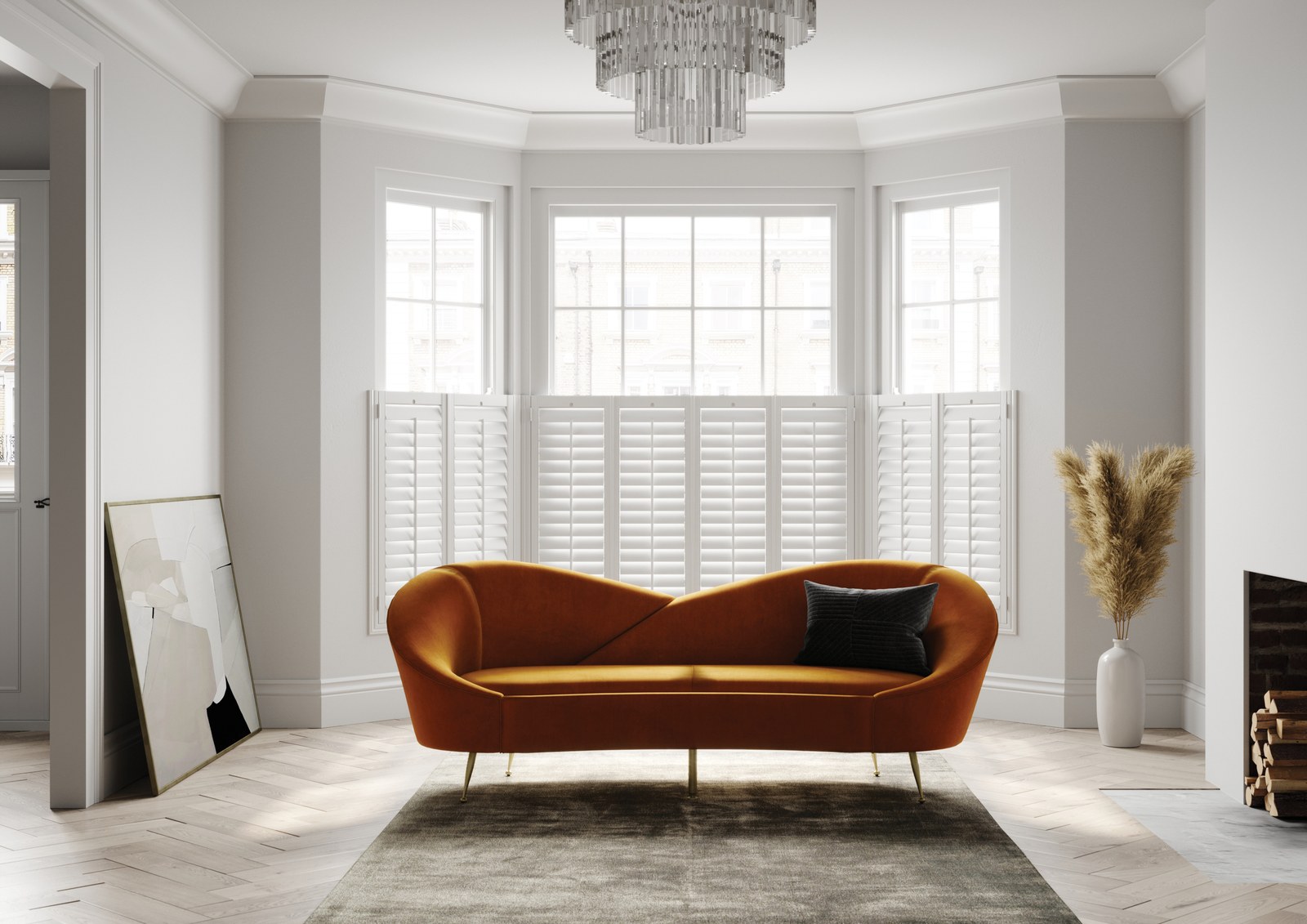 Wooden shutters fitted in a bay window