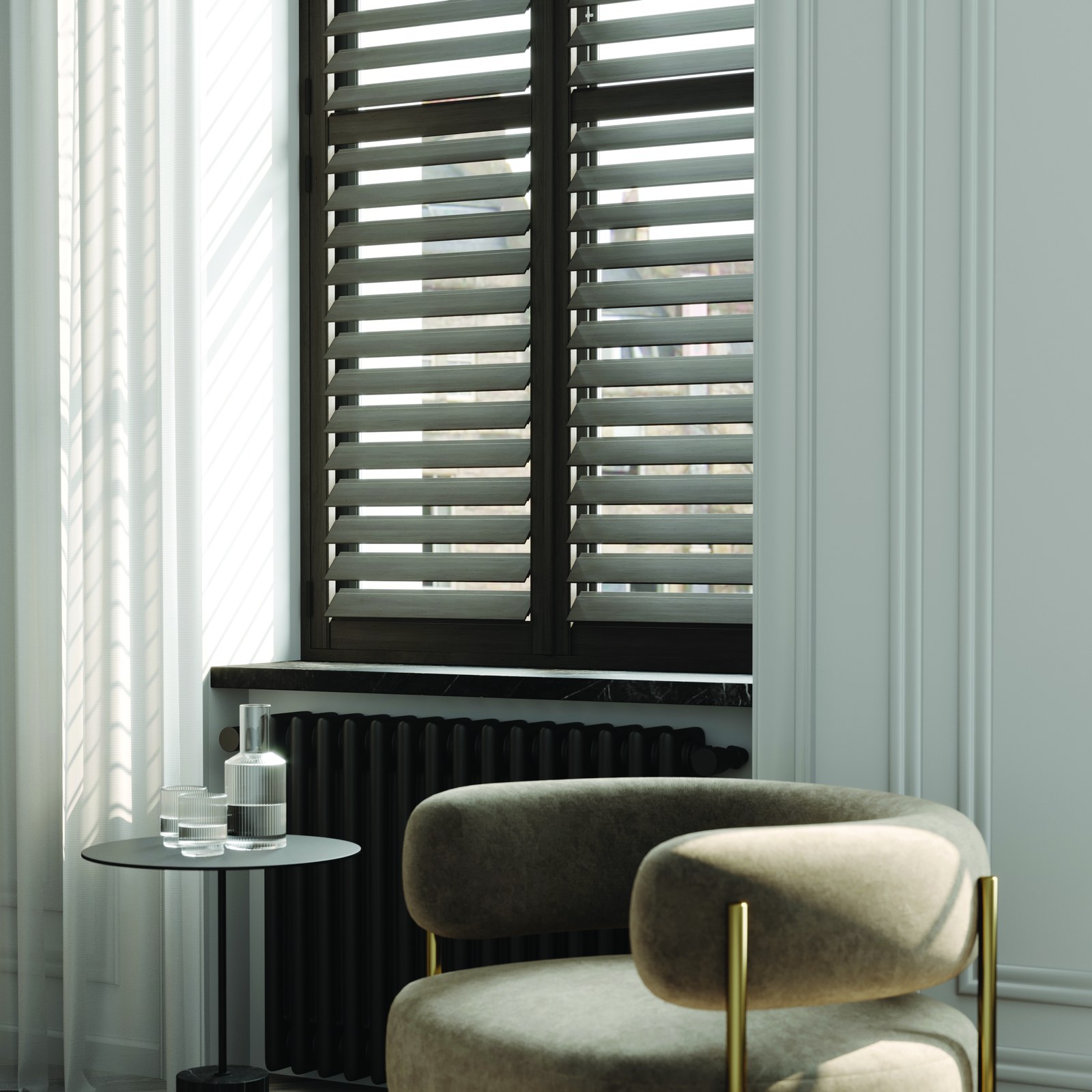 Wooden shutters fitted in a living room